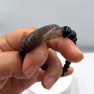 Vintage Black Beaded Bracelet w Brown Agate-Style Bar Palawan Souvenir Engraving